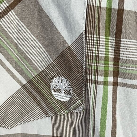 Timberland Mens short sleeve plaid tan green cotton snap closure button down top - Picture 5 of 10